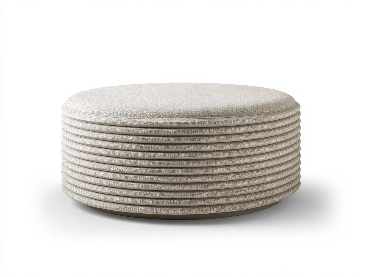 Reposapiés redondo tapizado 92x92x38 cm - beige claro - relieve horizontal para salón