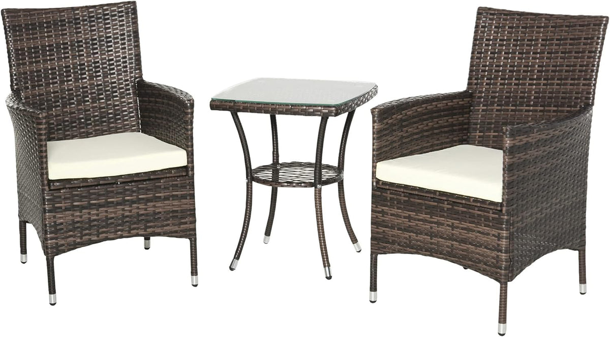 Outsunny Conjunto de jardín 3 piezas - Ratán con 2 sillones cojines y mesa sobre estructura de metal - Muebles para terraza patio y balcón - Marrón de estilo rústico