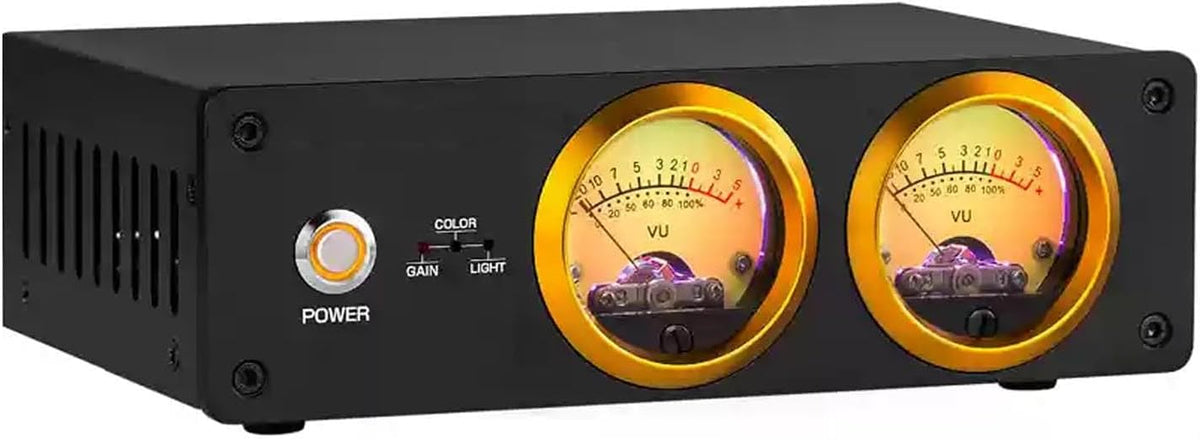 Medidor VU analógico profesional dual - Indicador de nivel de audio HiFi - Brillo RGB ajustable - Entradas RCA AUX estéreo y micrófono para cine en casa y estudio