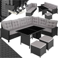 TecTake Conjunto de jardín de ratán 5 piezas - Sofá de esquina 2 taburetes y mesa con estructura de acero - Diseño combinable con cojines - Negro moderno para terraza y exterior