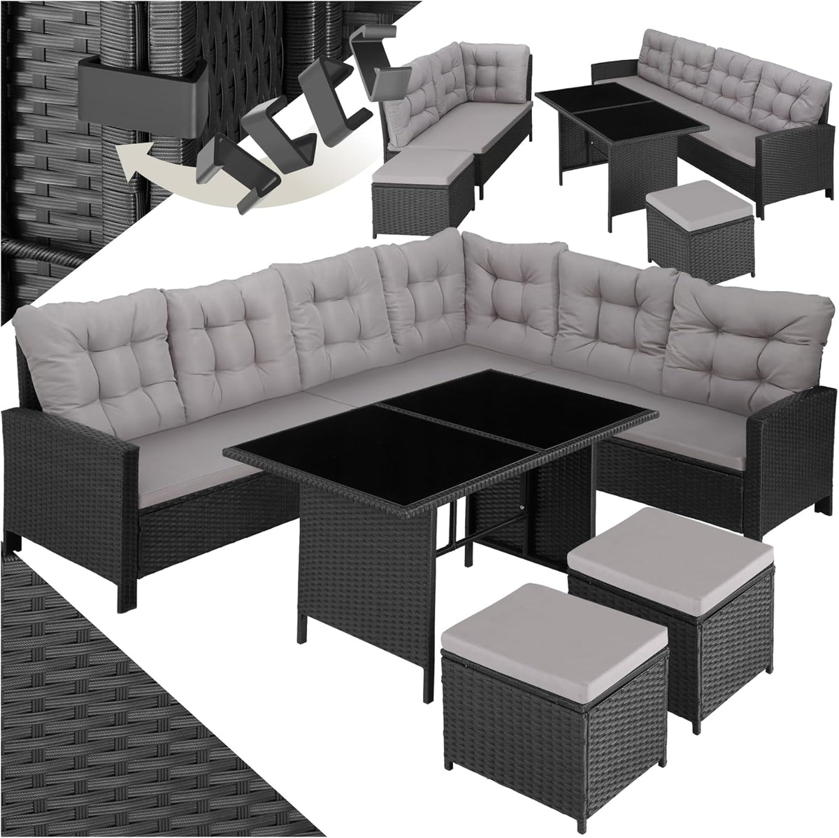 TecTake Conjunto de jardín de ratán 5 piezas - Sofá de esquina 2 taburetes y mesa con estructura de acero - Diseño combinable con cojines - Negro moderno para terraza y exterior