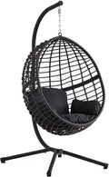 Concept-Usine Sillón Colgante Huevo Negro de Ratán Natural Auroa - Hamaca Columpio con Estructura de Acero - Cojín Desenfundable para Terraza y Jardín