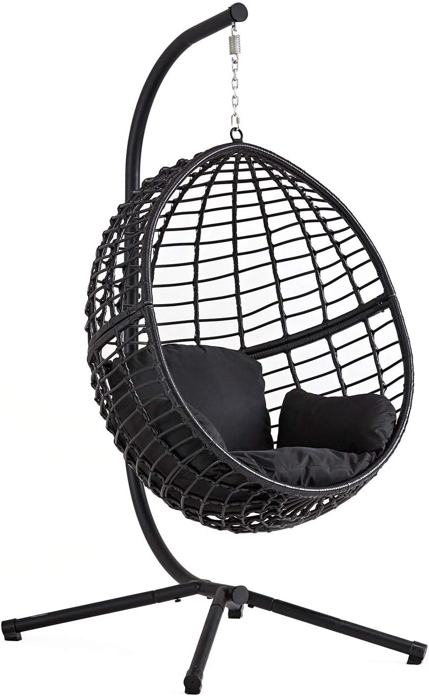 Concept-Usine Sillón Colgante Huevo Negro de Ratán Natural Auroa - Hamaca Columpio con Estructura de Acero - Cojín Desenfundable para Terraza y Jardín