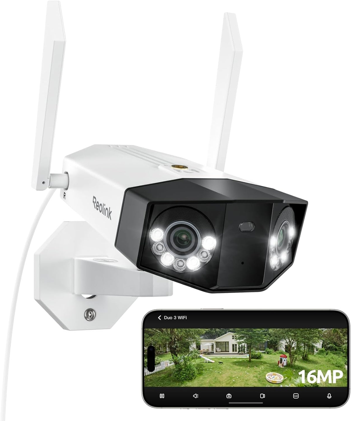 Reolink Duo 3 WiFi cámara exterior - Doble lente de 16 MP y panorama de 180 grados - WiFi 6 de 2.4 y 5 GHz - Visión nocturna y detección inteligente