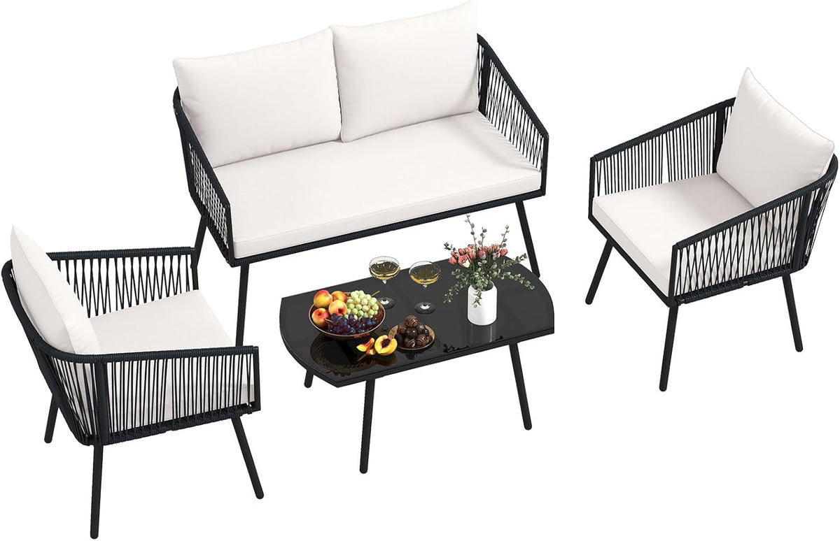 COSTWAY conjunto de jardín de 4 piezas - Cuerda de PE con sofá de 2 plazas y 2 sillas - Mesa de café de vidrio templado - Para terraza y balcón