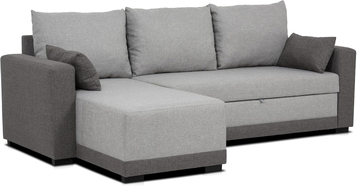 BUDWING Leah sofá cama esquinero 3 plazas - Chaise longue reversible y 2 cojines - Tapizado en poliéster gris bicolor - Diseño moderno 233 x 124 x 69 cm
