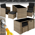 TecTake conjunto de jardín de ratán y acero 5 piezas - 2 sillones plegables y 2 taburetes - Mesa con cristal y abrebotellas - Muebles compactos para exterior