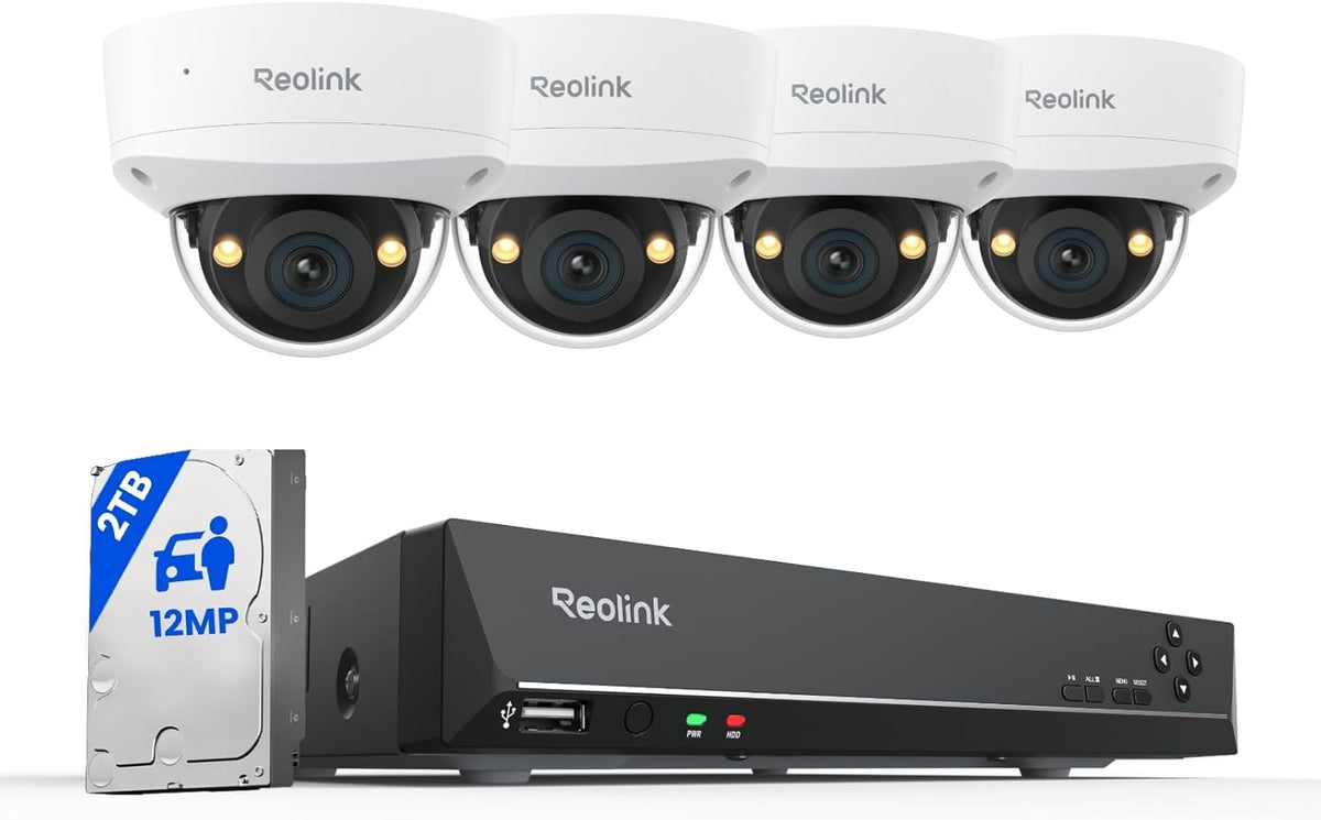 Sistema PoE Reolink RLK8 1200V4 - 4 cámaras exteriores de 12 MP con protección IK10 - NVR de 8 canales y disco de 2 TB - visión nocturna color y audio bidireccional