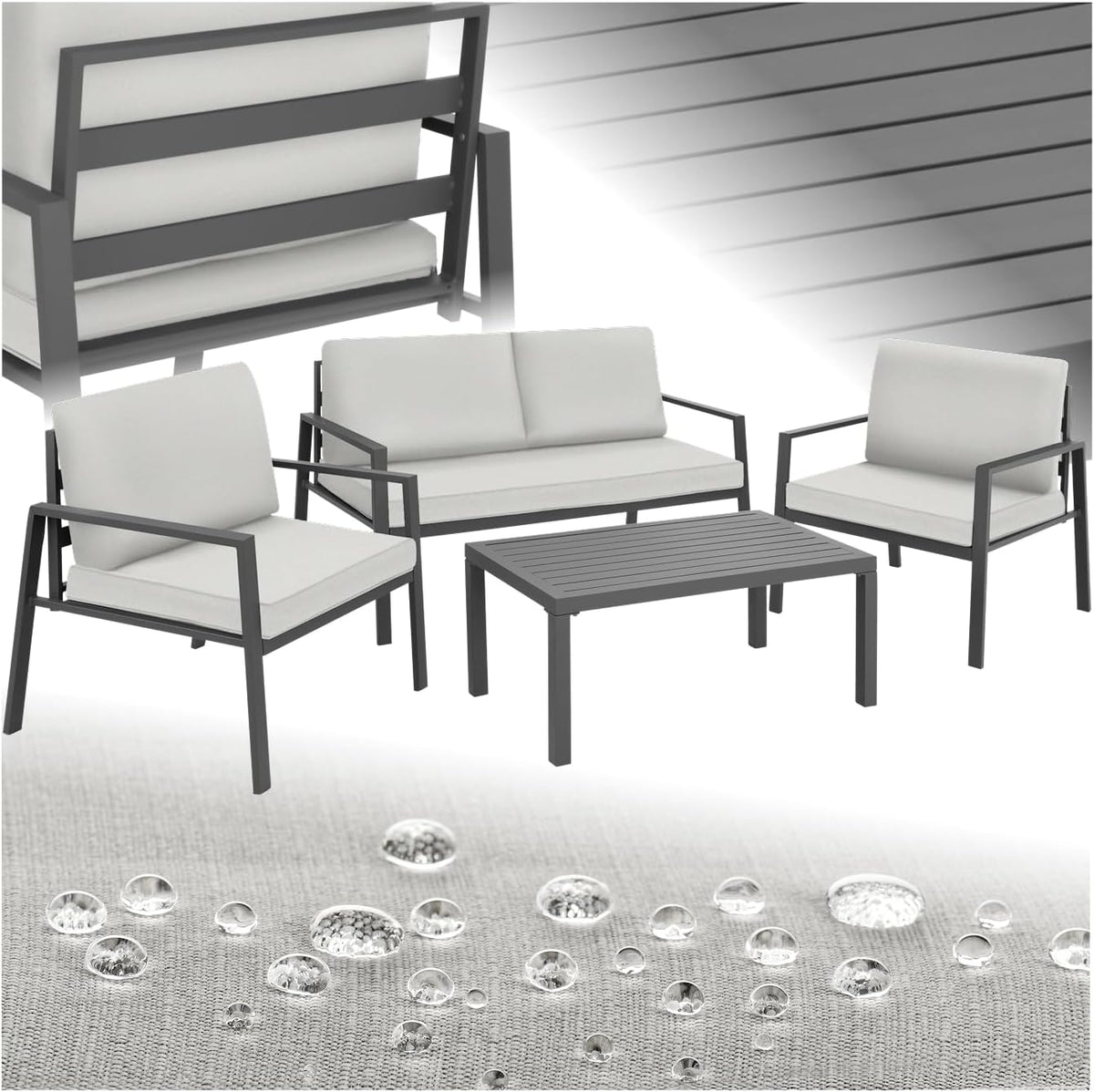 tectake conjunto de muebles de jardín 4 piezas - 2 sillones con cojines extragruesos - Sofá y mesa con estructura impermeable - Exterior gris claro