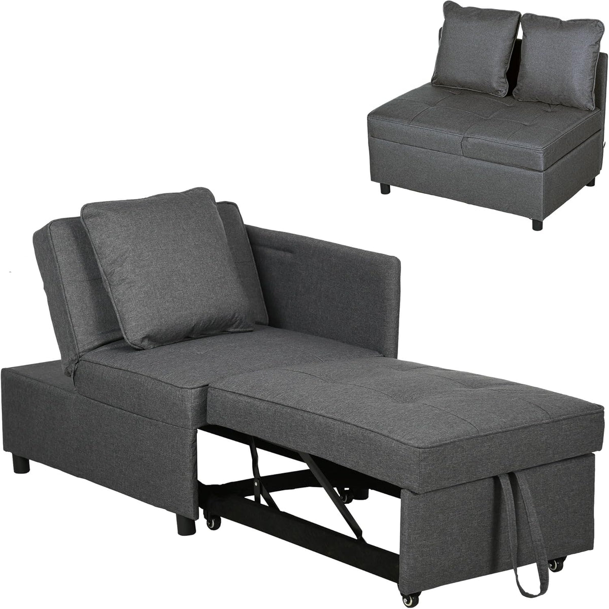 HOMCOM sofá cama individual 3 en 1 - Respaldo ajustable con almohadas - Convertible para dormitorio salón y apartamento - Gris 98 x 71 x 82 cm hasta 300 kg