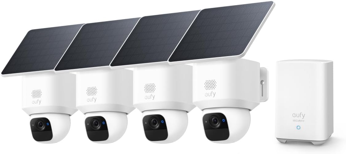 eufy Security SoloCam E30 pack de cuatro cámaras - Resolución 2K y panorámica de 360 grados - Energía solar con seguimiento mediante IA - Compatible con HomeBase S380