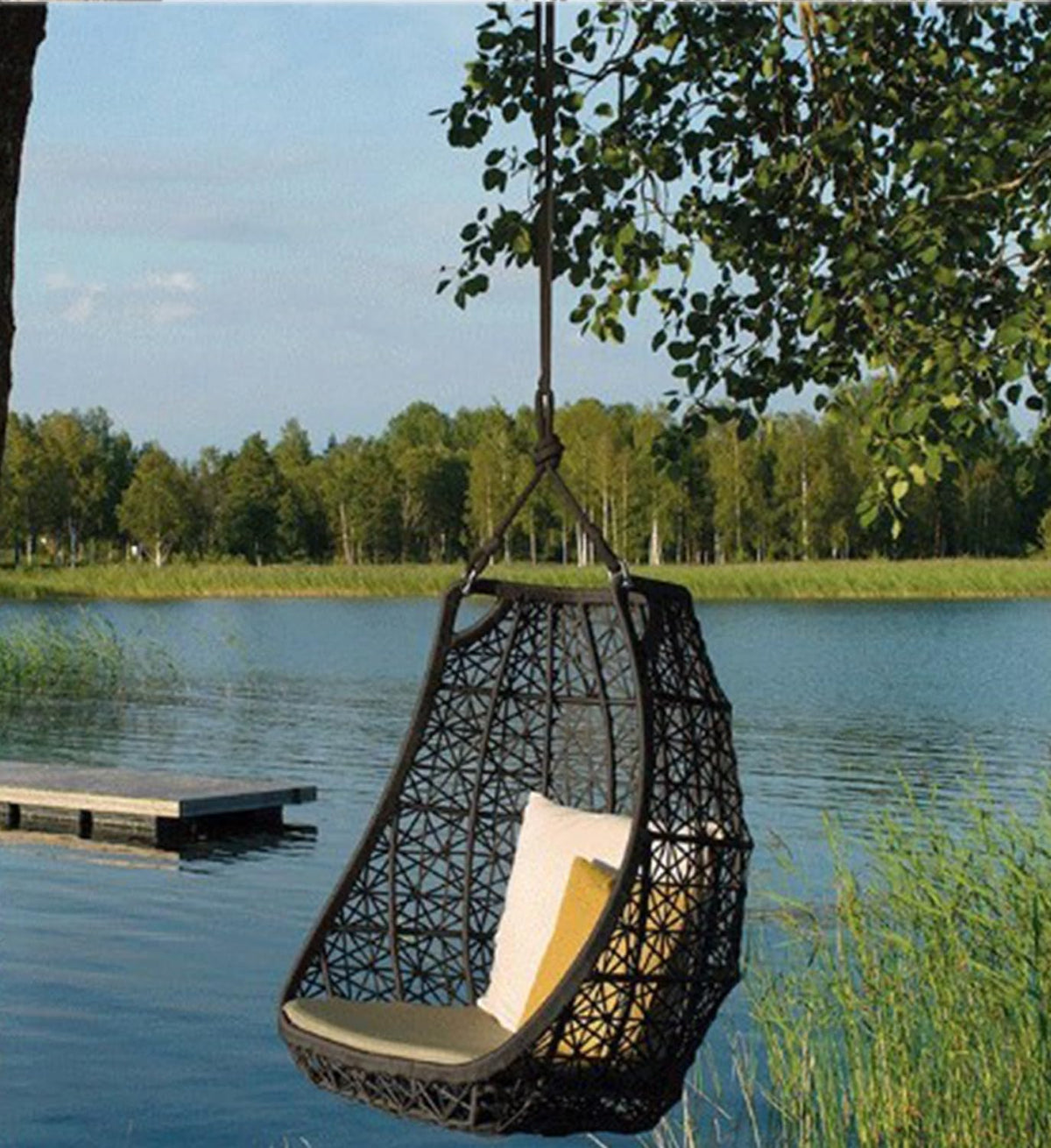 Generic - Silla colgante de ratán sintético - Cojines resistentes a rayos UV - Asiento interior exterior negro para balcón jardín y patio