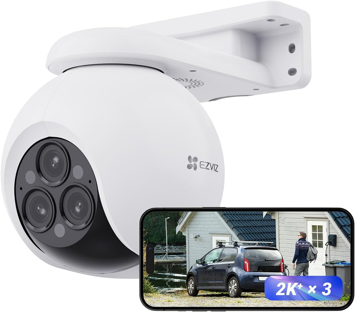Cámara WiFi exterior EZVIZ H80f Multi de 12 MP - triple lente con 3 vistas 2K - cobertura de 360 grados y zoom 12 aumentos - visión nocturna color y detección AI