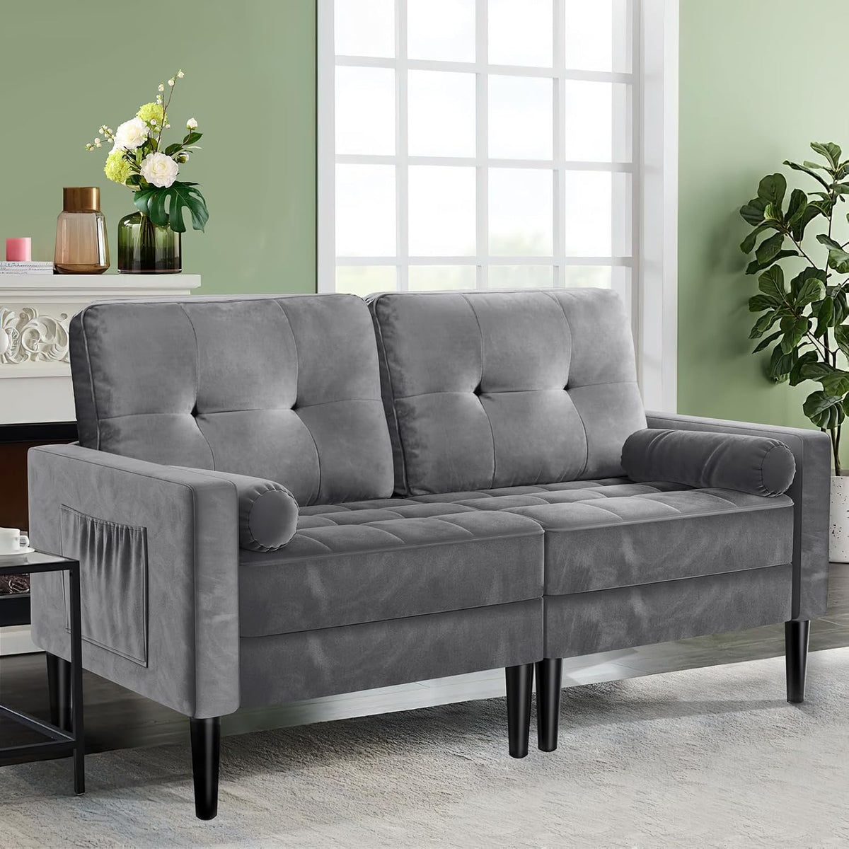Sofá moderno 2 plazas de terciopelo - 2 almohadas y cojín de asiento cómodo - Estilo moderno de mediados de siglo - Gris 149 x 63 x 89 cm hasta 350 kg