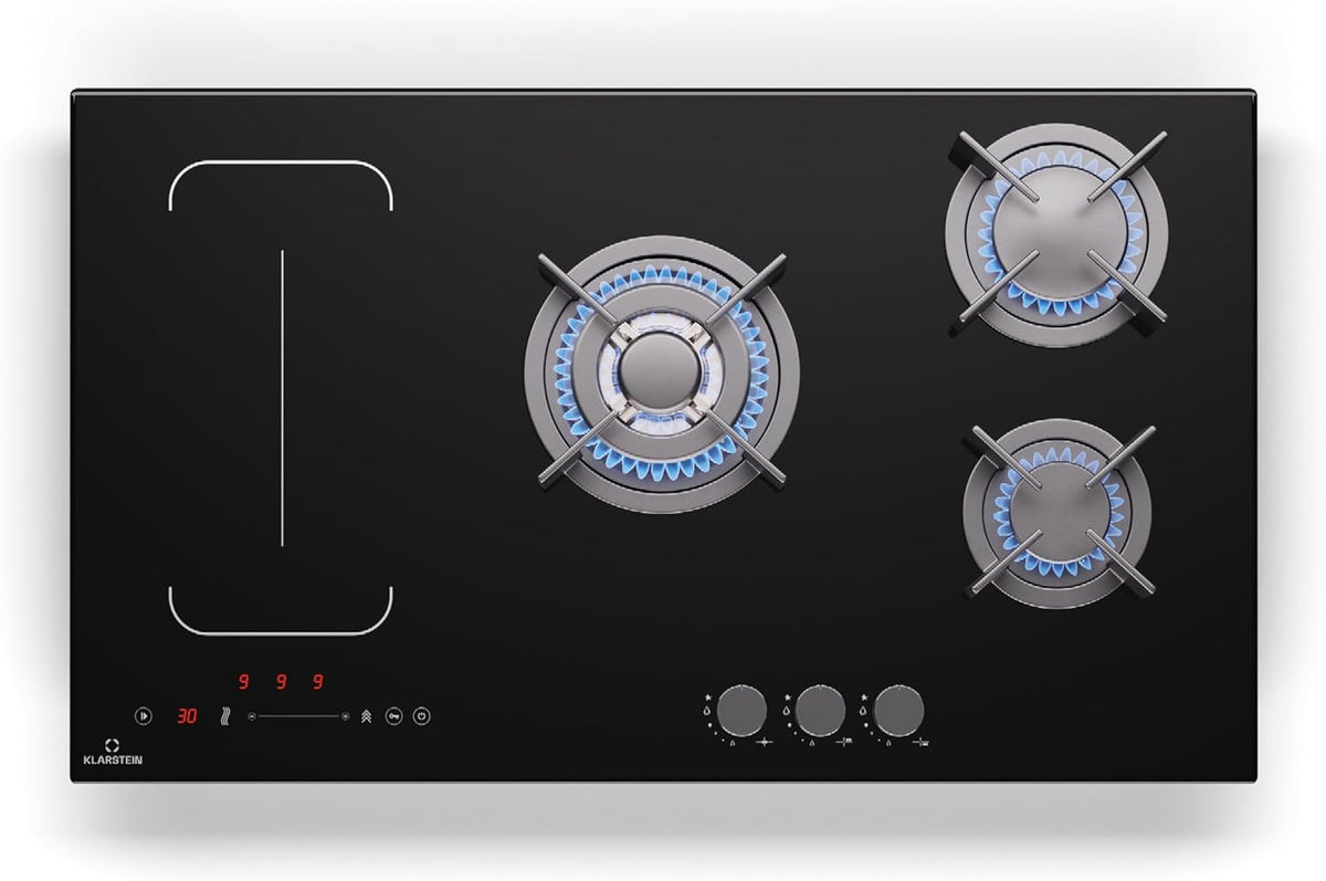 Klarstein MultiChef 5 placa mixta - Cinco zonas con gas inducción y Wok Flexzone - Potencia total de 10.6 kW - Control deslizante Stop Go y temporizador