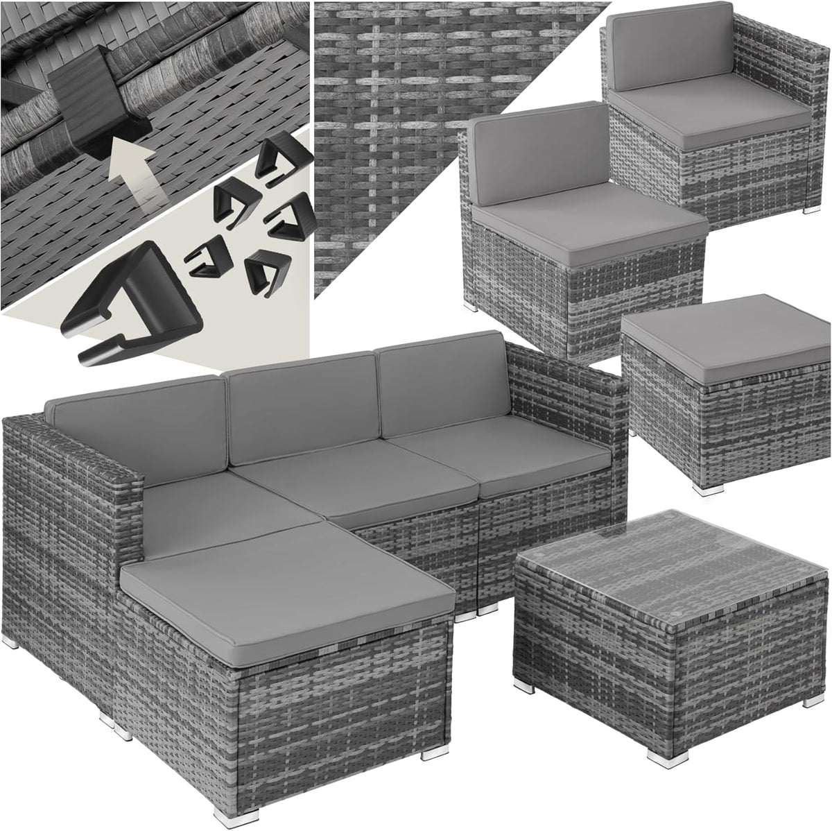 TecTake Conjunto de jardín de ratán - Banco de 2 plazas con mesa de cristal y cojines - Fundas extraíbles para limpieza y uso exterior - Gris para terraza jardín y balcón