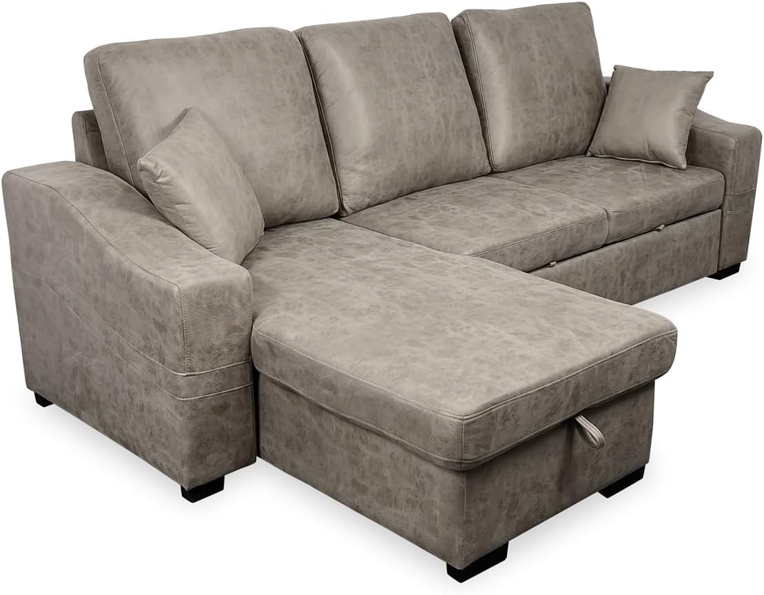 Homey Kumaras sofá cama chaise longue - Reversible con arcón de almacenaje - Cuero sintético gris con cojines y reposabrazos - 253 x 154 x 100 cm para 3 plazas