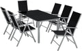TecTake Conjunto de jardín 7 piezas - Aluminio con mesa de vidrio de seguridad y sillas plegables reclinables - 150 x 90 x 73 cm - Plata con tela transpirable para terraza