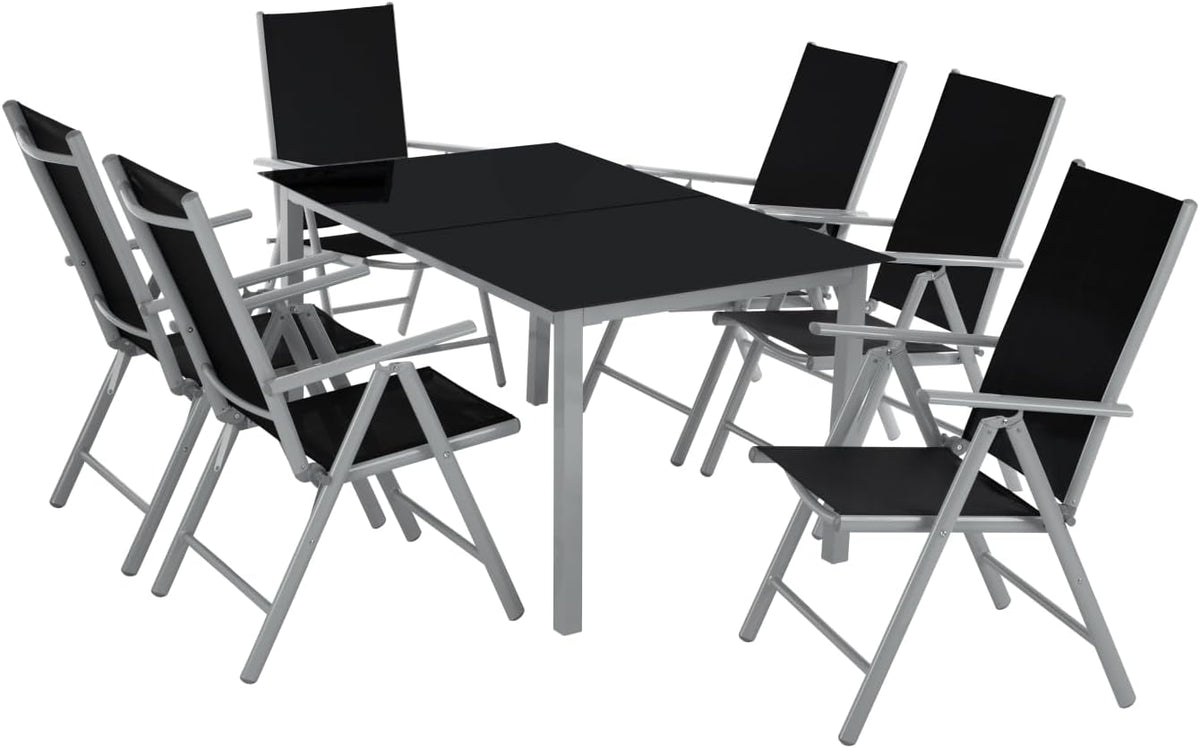 TecTake Conjunto de jardín 7 piezas - Aluminio con mesa de vidrio de seguridad y sillas plegables reclinables - 150 x 90 x 73 cm - Plata con tela transpirable para terraza