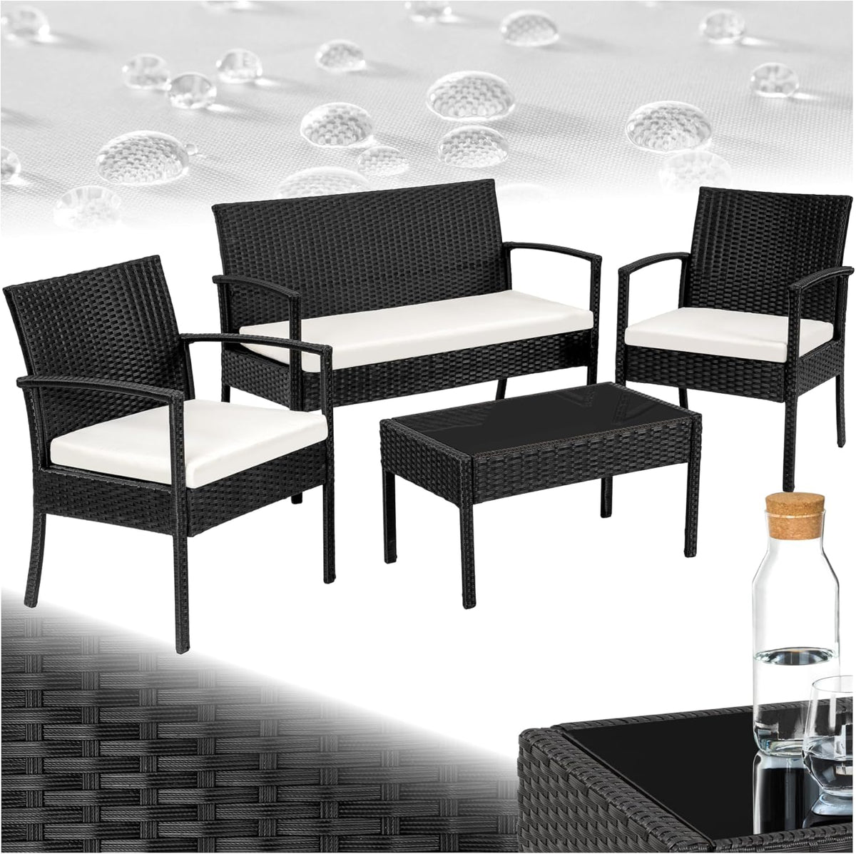 TecTake conjunto de jardín de ratán y aluminio - 2 sillones sofá y mesa de cristal - Cojines de 5,5 cm y fundas - Resistente a rayos UV negro
