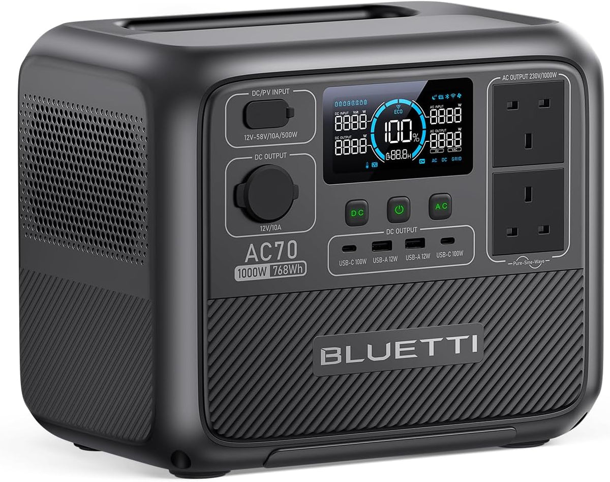 BLUETTI AC70 estación de energía portátil - LiFePO4 de 768 Wh y salida de 1000 W con pico de 2000 W - Dos enchufes CA y USB C de 100 W - Carga por CA solar o coche