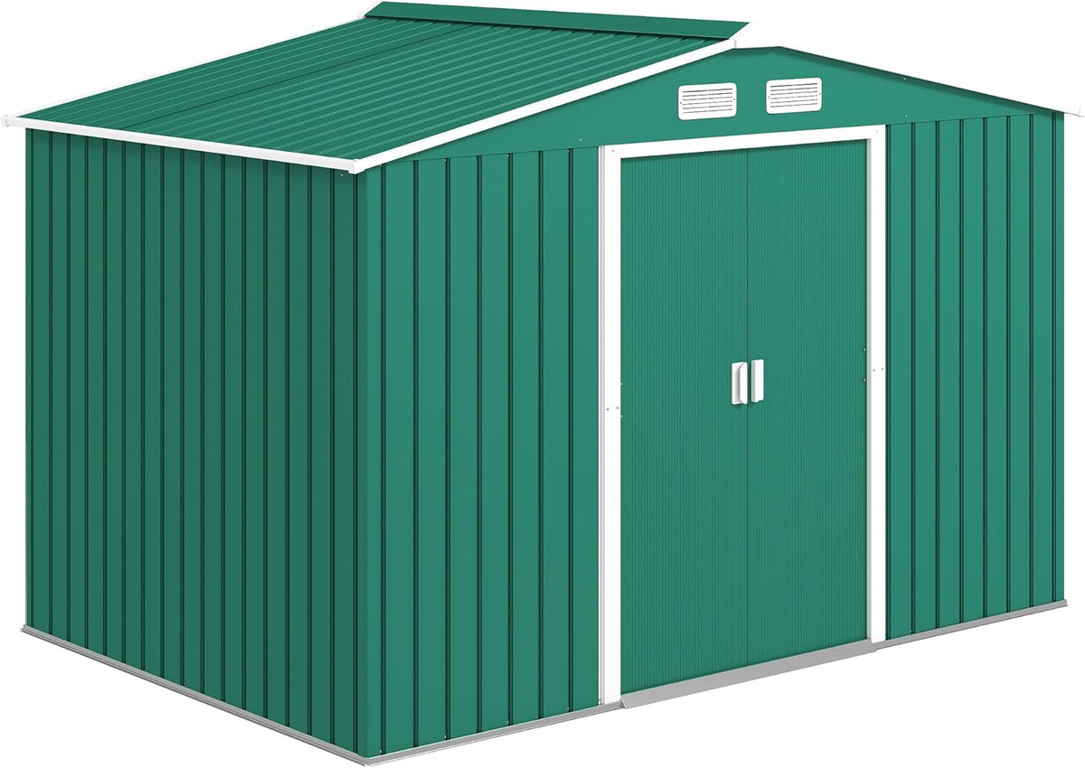 Outsunny caseta de jardín exterior 4,9 m2 - Acero galvanizado verde oscuro de 277 x 195 x 192 cm - Puerta corredera y ventanas - Base reforzada sin suelo
