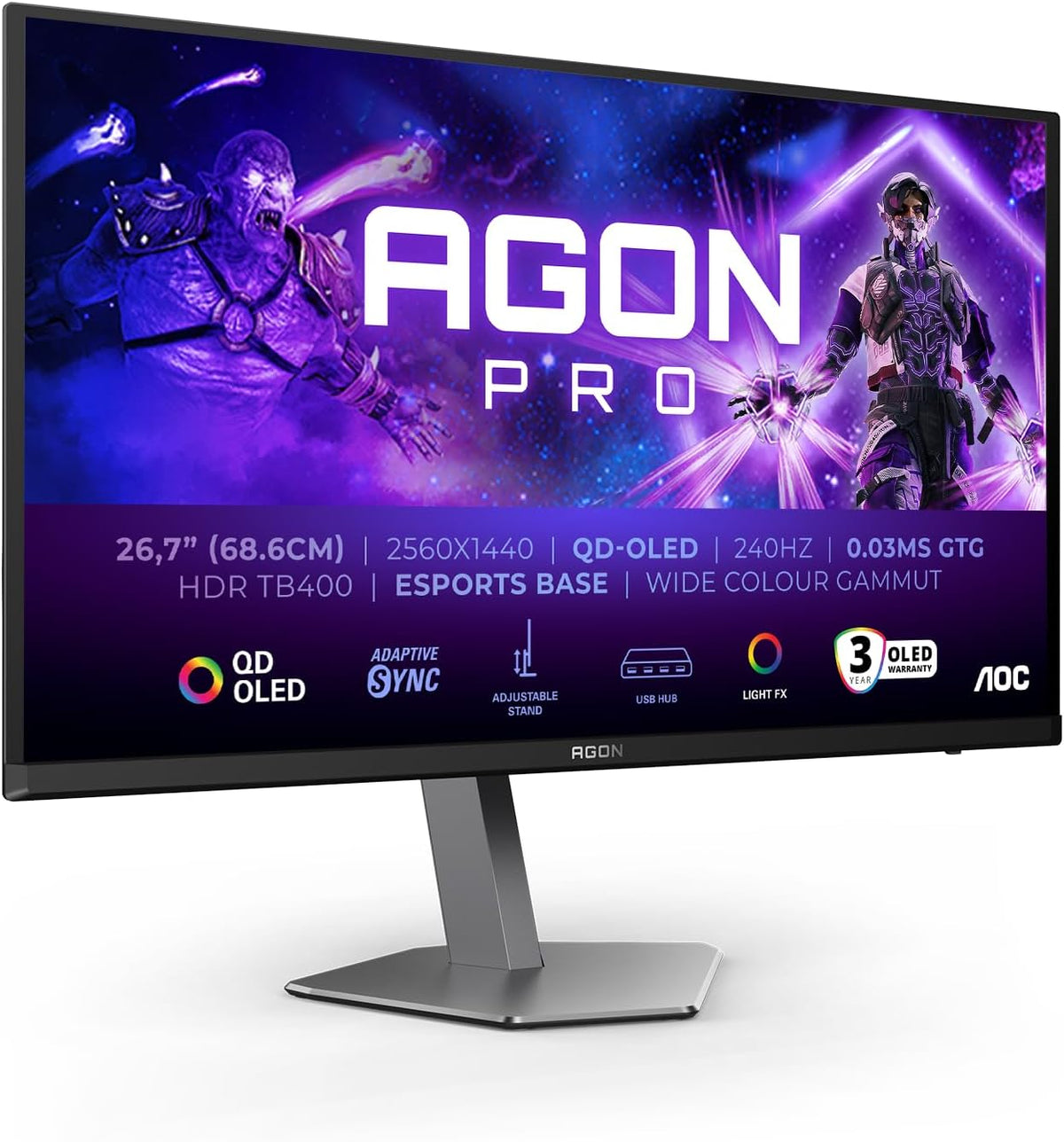 AOC AGON Pro AG276QZD2 monitor gaming - Pantalla QD OLED QHD de 27 pulgadas y 240 Hz - Respuesta de 0.03 ms y HDR True Black 400 - G Sync Adaptive Sync y altavoces