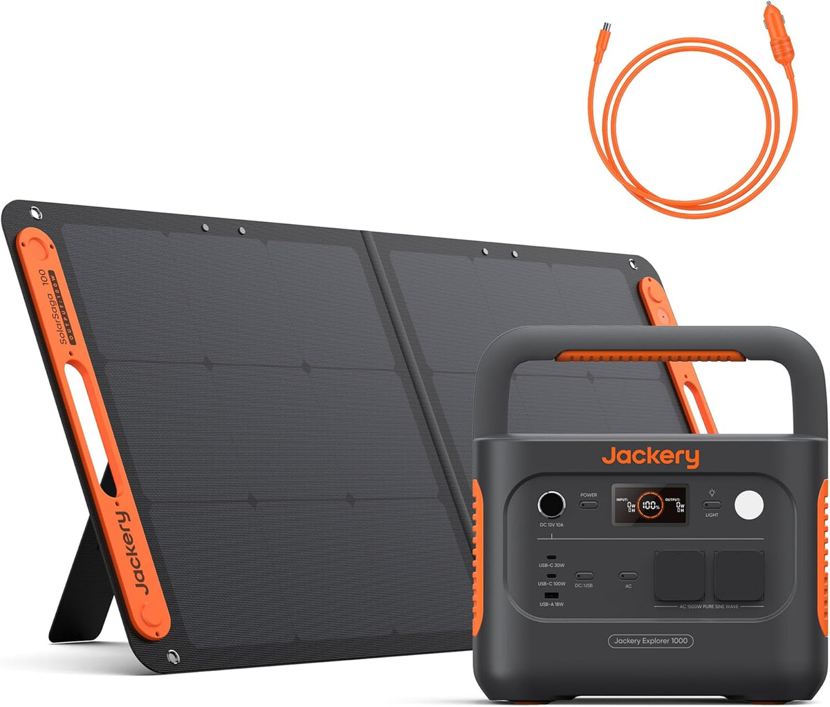 Jackery E1000 v2 Generador solar - Batería LFP de 1070 Wh y salida de 1500 W con carga rápida en 1 h - Panel solar de 100 W y cable para coche - 6 puertos para RV y camping