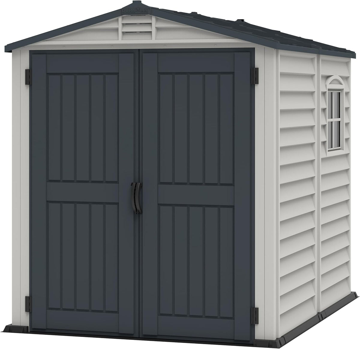 Duramax StoreMate Plus 6x6 Caseta de jardín - Resina PVC antracita y adobe con suelo - Marco metálico y cubierta de vinilo - Cobertizo exterior de almacenamiento