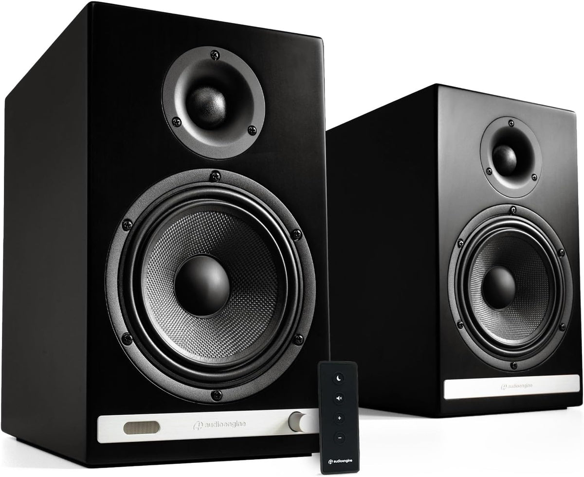 Audioengine HD6 Altavoces inalámbricos HiFi 150 W - DAC USB de 24 bits y amplificador analógico integrados - Bluetooth aptX HD con entradas óptica RCA y 3,5 mm - Negro de madera para sobremesa