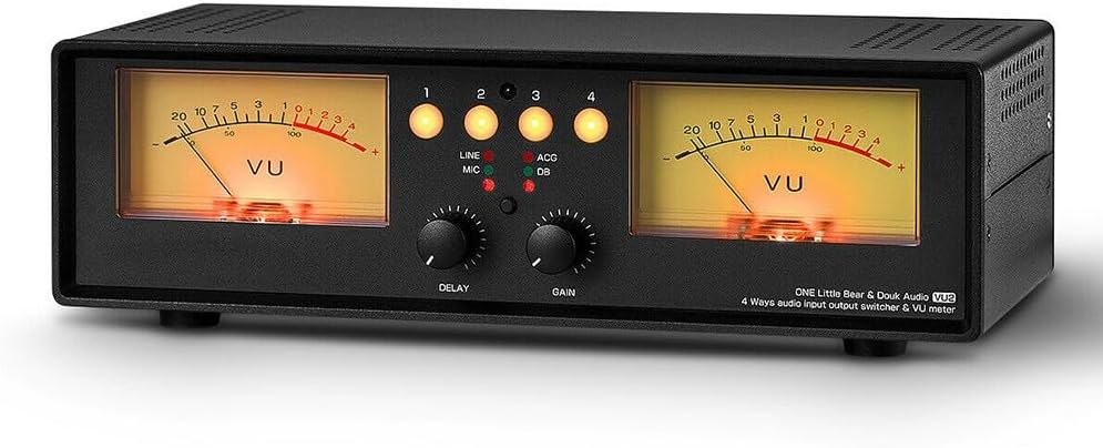 MIC Line caja de conmutación analógica - Medidores VU dobles para audio estéreo - Retroiluminación amarilla - Selector para sistemas HiFi y configuraciones de amplificación