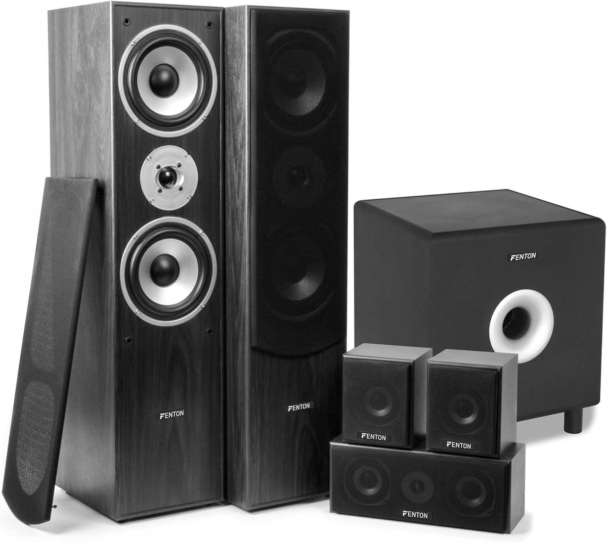 Fenton Sistema de cine en casa 5.1 - Subwoofer activo de 200 W con altavoces frontales traseros y central - Sonido envolvente para TV películas y gaming - Diseño con rejillas extraíbles