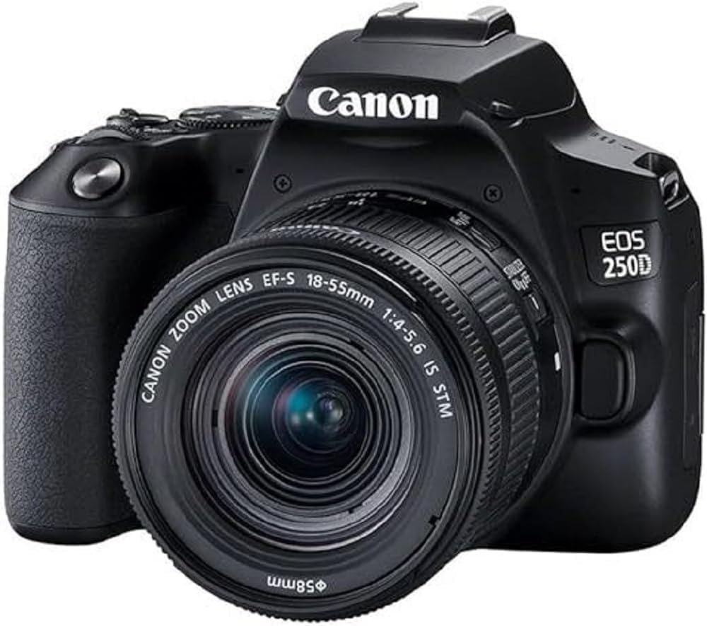 Canon EOS 250D cámara réflex digital - Sensor CMOS de 24,1 MP y resolución 6000 x 4000 píxeles - Vídeo 4K Ultra HD y pantalla táctil - Objetivo EF-S 18-55 IS STM negro