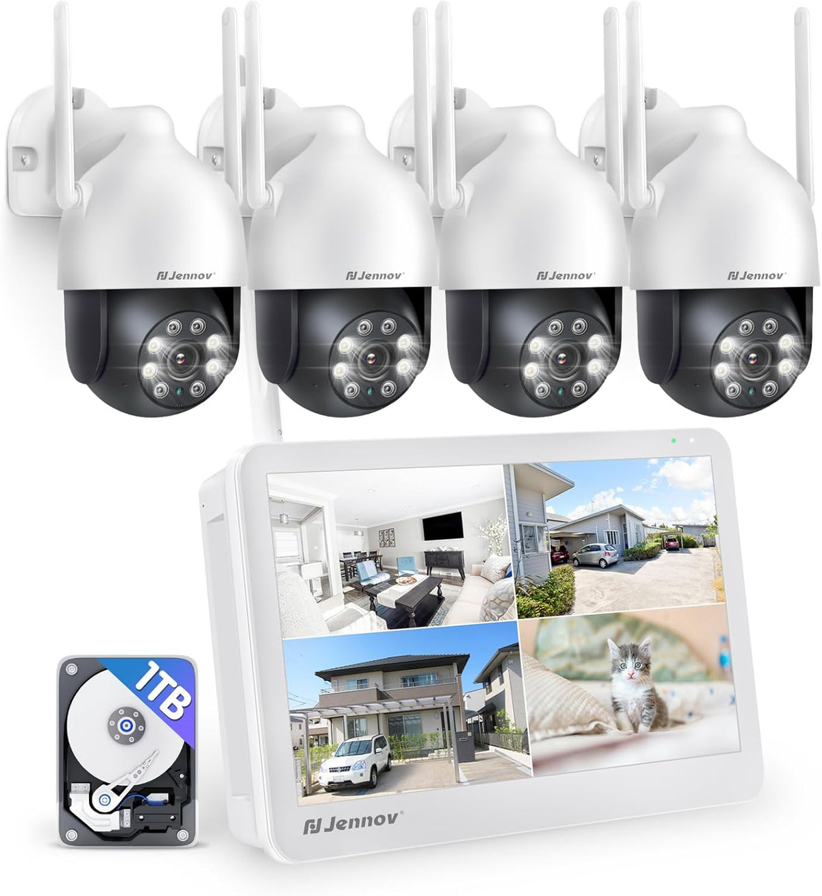 Jennov kit de cuatro cámaras PTZ 5 MP - Monitor de 10 pulgadas y NVR de 10 canales - Disco duro de 1 TB y grabación continua - Seguimiento automático y audio