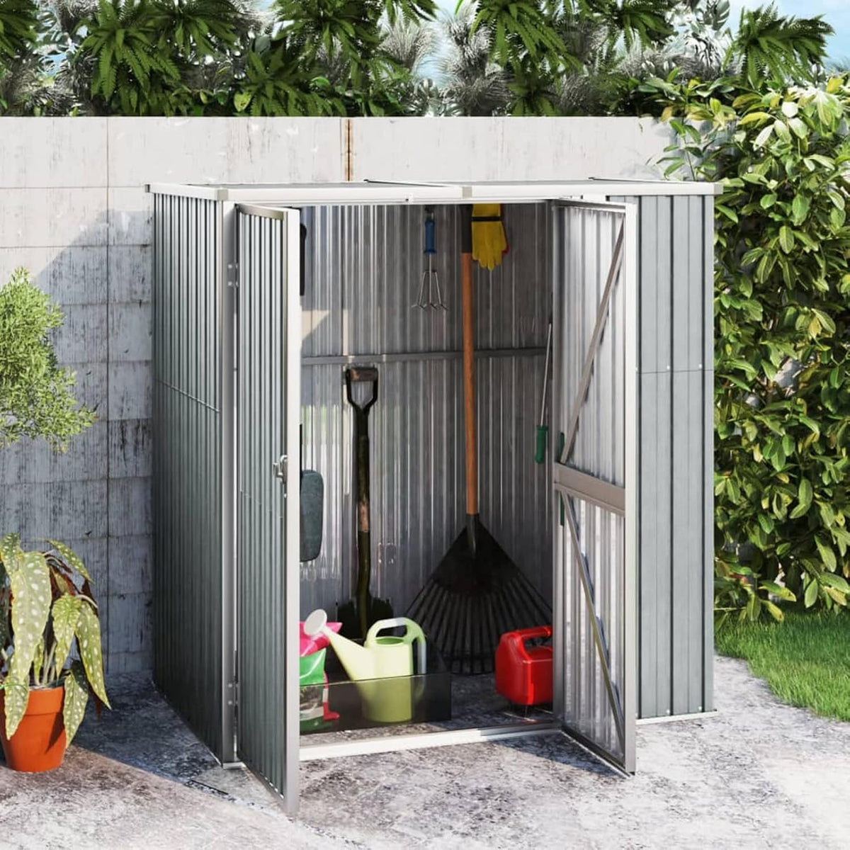 Caseta metálica de jardín - Acero galvanizado gris 161 x 89 x 159 cm - Puertas con bisagras y base metálica - Cobertizo resistente al agua para herramientas