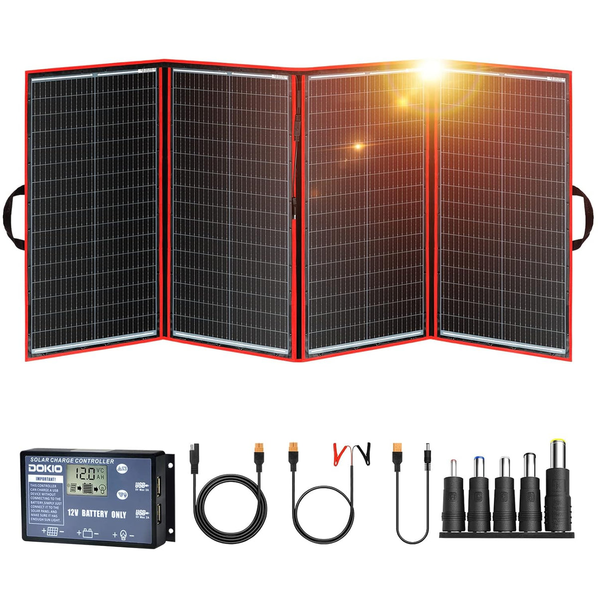 DOKIO panel solar plegable 300 W 12 V - Silicio monocristalino portátil e impermeable - Formato de 94 x 54 x 2,4 cm y 7,5 kg - Para camping caravanas barcos y baterías de 12 V