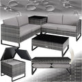 TecTake conjunto de jardín de ratán con estructura de acero - 2 sofás con cojines gruesos - Mesa de cristal y caja de almacenamiento - Para terraza gris