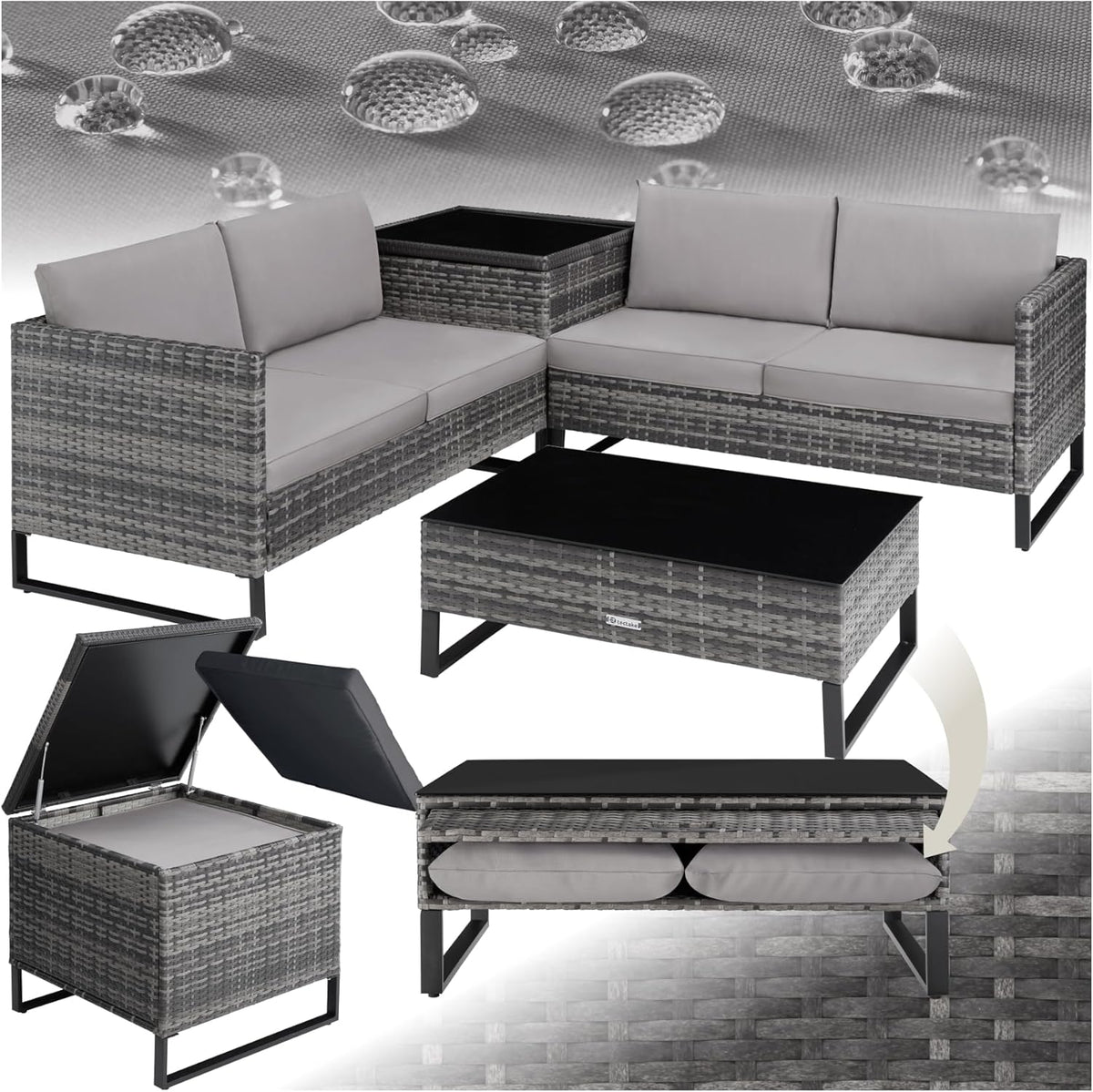 TecTake conjunto de jardín de ratán con estructura de acero - 2 sofás con cojines gruesos - Mesa de cristal y caja de almacenamiento - Para terraza gris