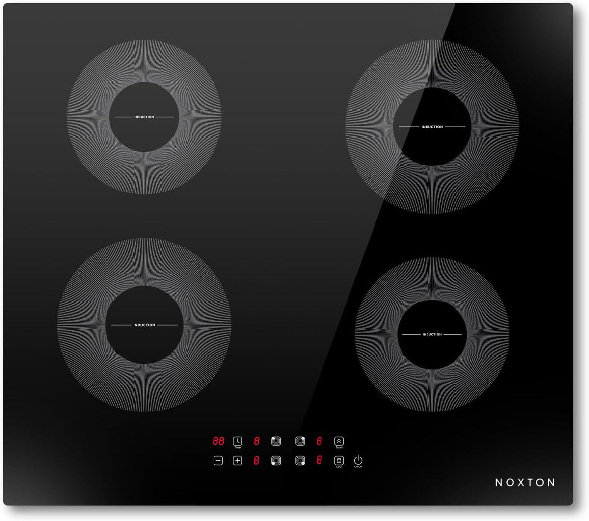 Placa de inducción NOXTON - ancho de 60 cm con 4 zonas y potencia de 7200 W - 9 niveles y función Boost - bloqueo infantil y apagado automático