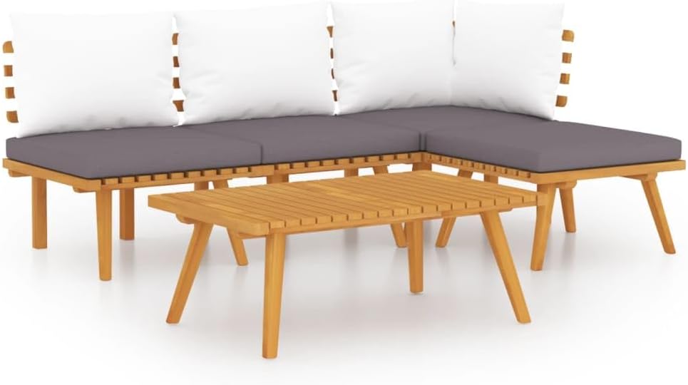 vidaXL conjunto de muebles de jardín 5 piezas - Madera maciza de acacia con cojines - Módulos sofá reposapiés y mesa - Mobiliario exterior marrón