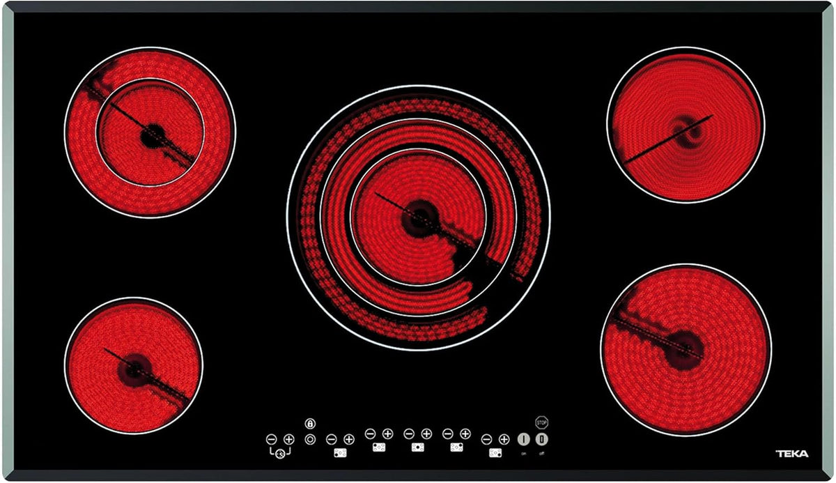 Placa vitrocerámica Teka TR 951 - ancho de 90 cm con 5 zonas radiantes - cristal negro con áreas doble y triple - Touch Control y función Stop Go