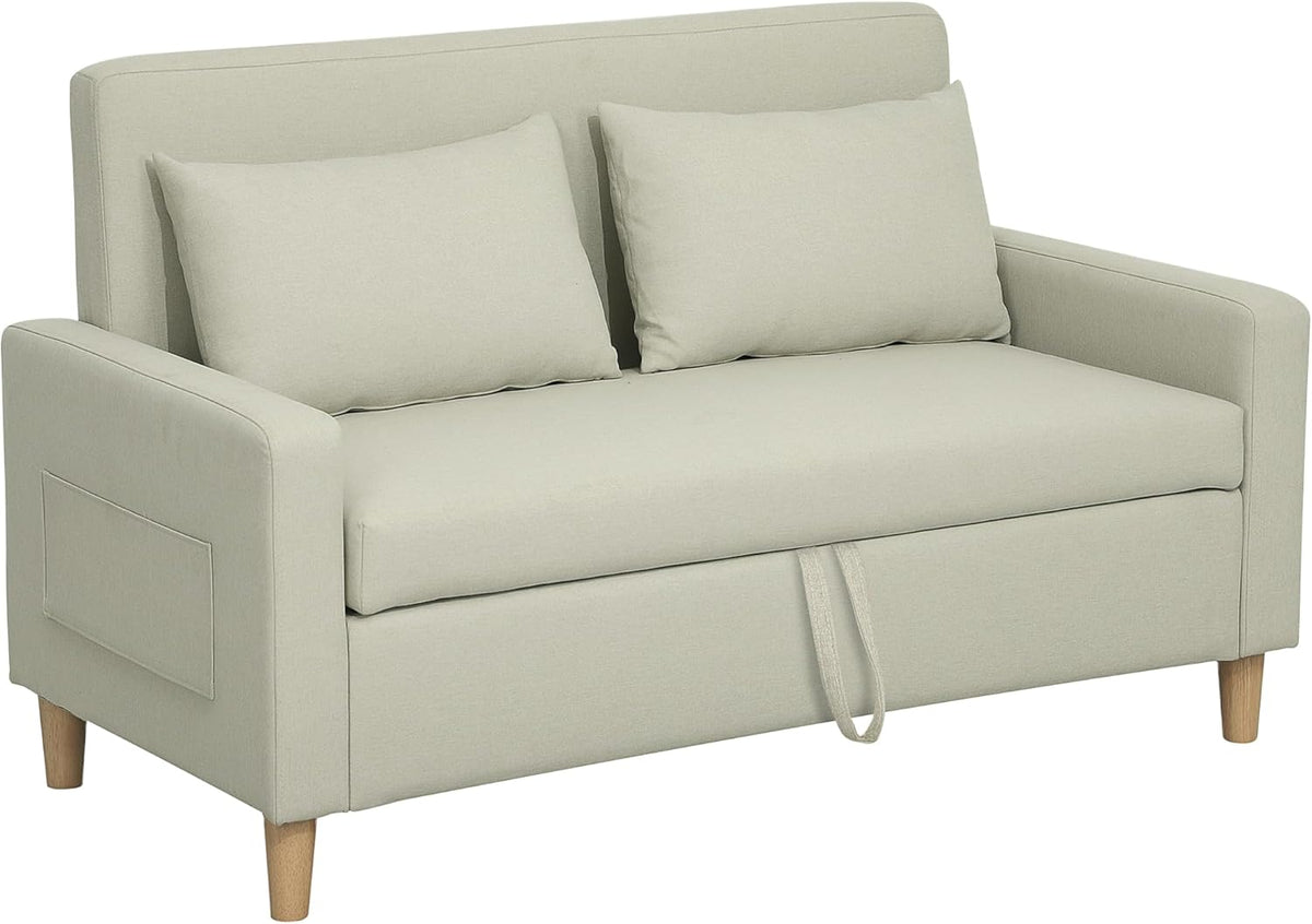HOMCOM Sofá 2 plazas - Tapizado en lino sintético con almacenamiento oculto y 2 almohadas - 135 x 72 x 84 cm - Beige con patas de madera y carga máxima de 240 kg