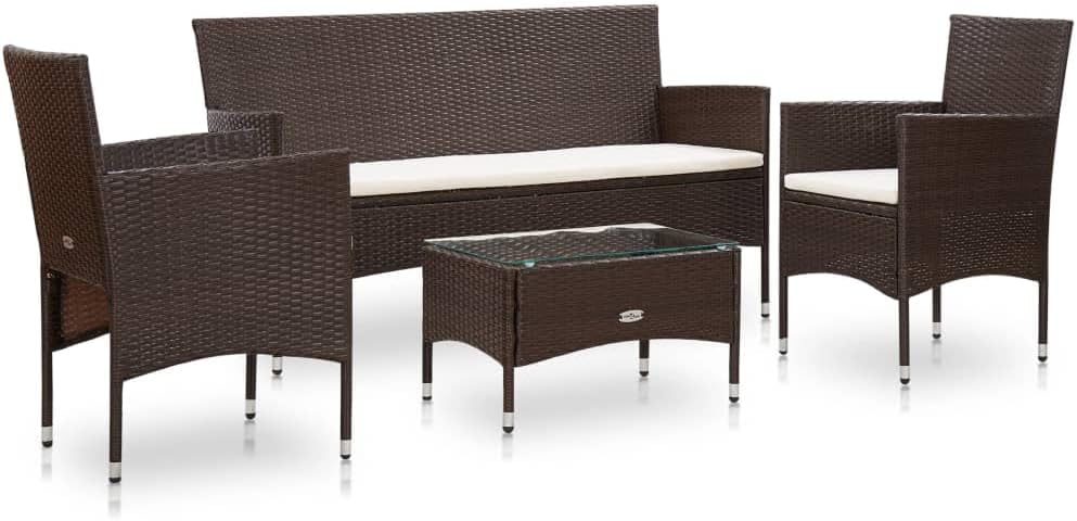 vidaXL Conjunto de jardín 4 piezas - Ratán sintético con cojines para mobiliario de exterior - Sofá y mesa para patio terraza y balcón - Marrón elegante con montaje requerido