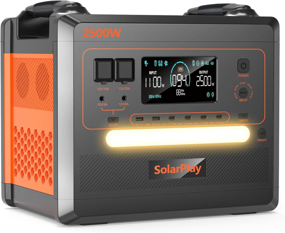 SolarPlay Q2402M estación de energía portátil - LiFePO4 de 2300 Wh y salida de 2500 W a 230 V - 12 puertos para varios dispositivos - Para camping autocaravana y emergencias