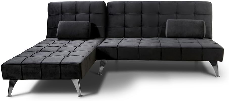 S S Saldos y Stocks Keren XS sofá cama chaise longue - 3 plazas y tapizado de terciopelo negro - Diseño moderno convertible - 198 x 146 x 75 cm para salón