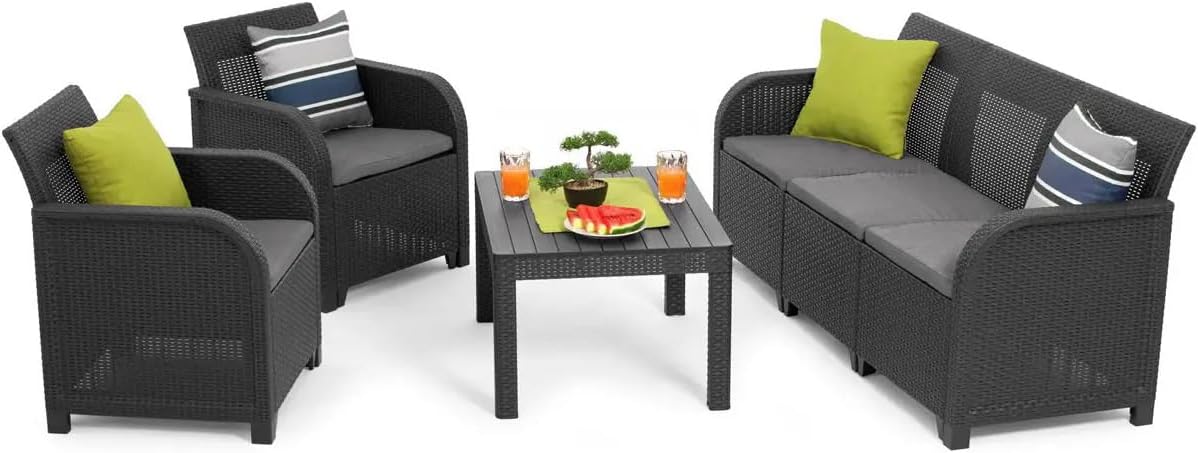 Keter Sanremo Conjunto de jardín - Sofá de 3 plazas con 2 sillones y mesa auxiliar - Resina efecto ratán trenzado con diseño moderno - Gris para terraza jardín y exterior