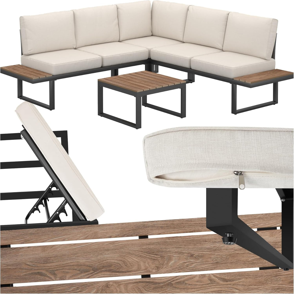 TecTake conjunto de muebles de jardín de aluminio 4 piezas - Sofá exterior con cojines extragruesos - Fundas extraíbles - Resistente a la intemperie negro