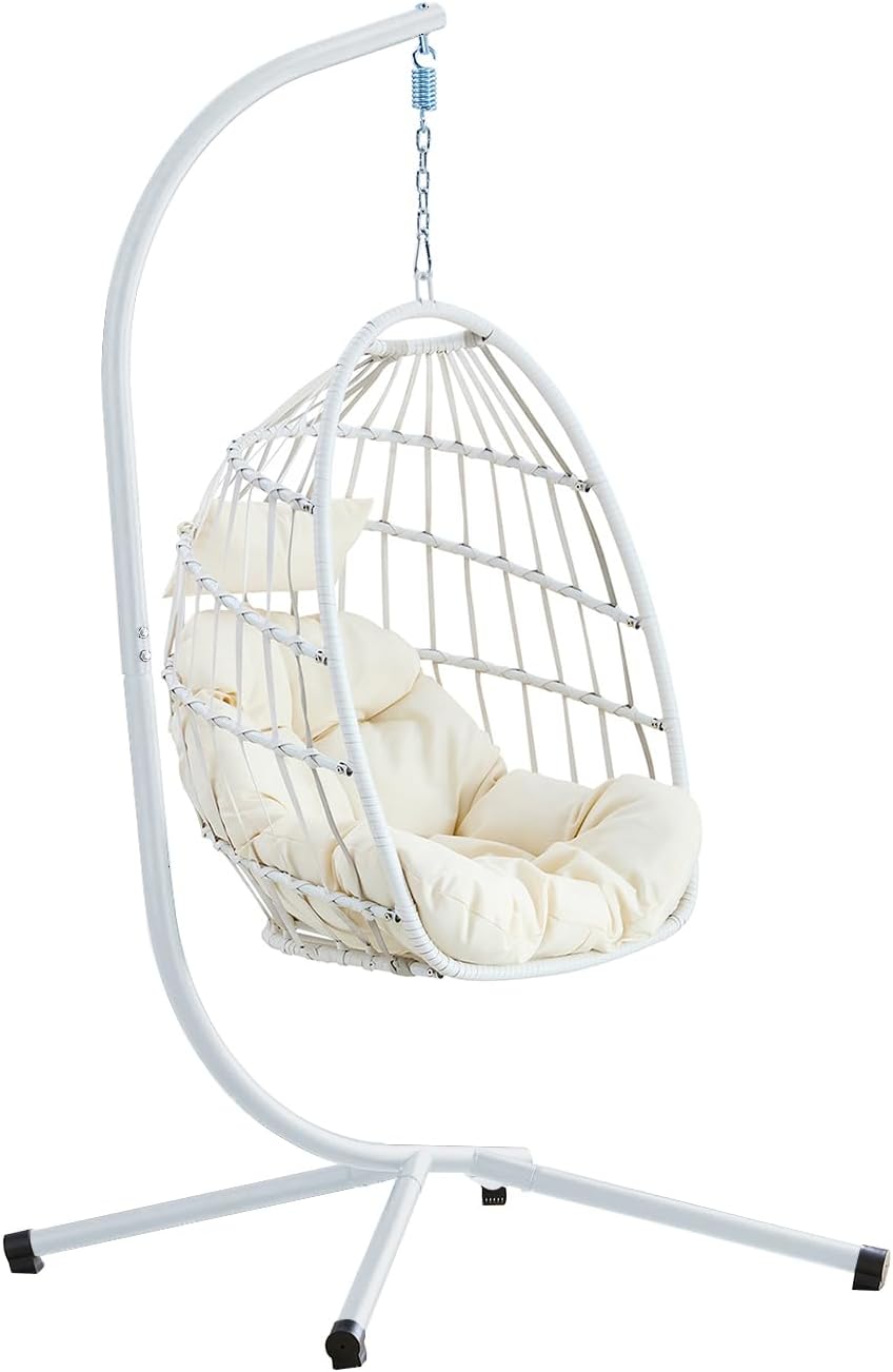 CFMAIF Silla huevo colgante de jardín - Color blanco con soporte y función giratoria - Capacidad máxima 150 kg - Hamaca columpio para terraza balcón y exterior