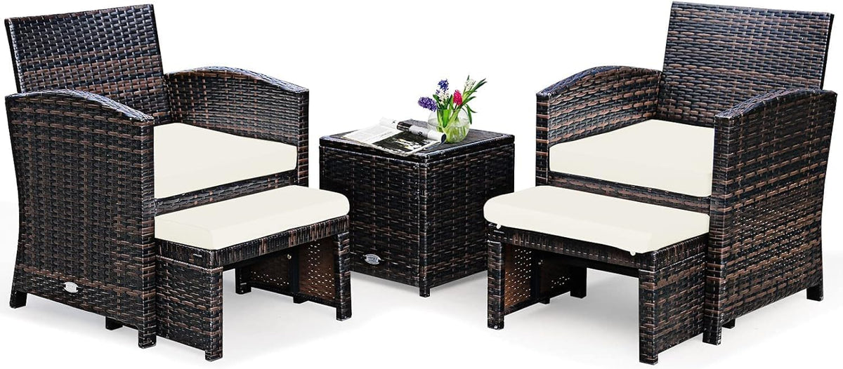 GIANTEX conjunto de muebles de jardín de ratán 5 piezas - 2 sillones con cojines y 2 reposapiés - Mesa de café con almacenamiento - Para terraza y patio blanco