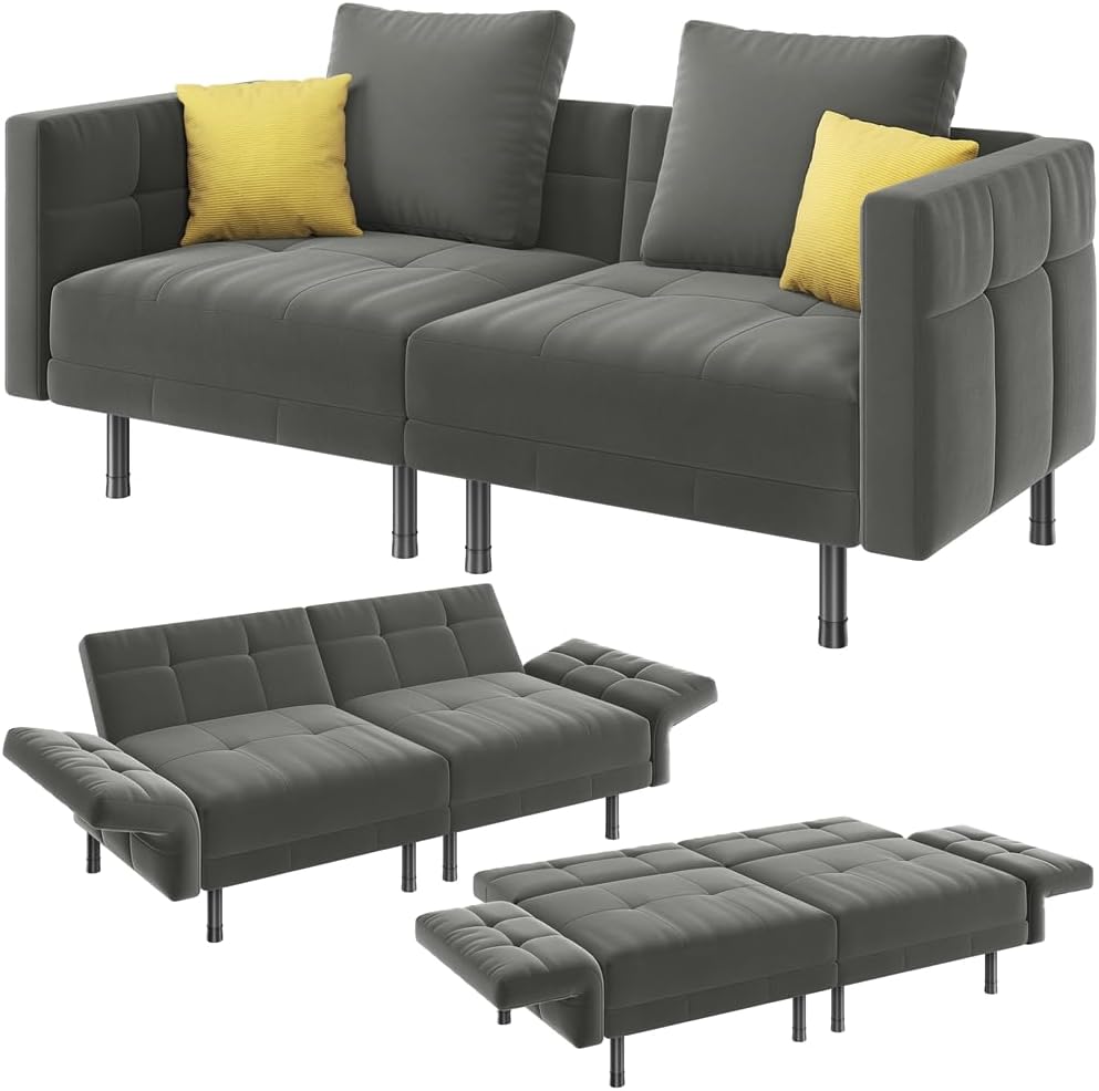 Yaheetech sofá cama 2 plazas de terciopelo - Respaldo ajustable con 4 almohadas - Reposabrazos y carga máxima de 136 kg - Gris 171 x 58,5 x 72 cm convertible